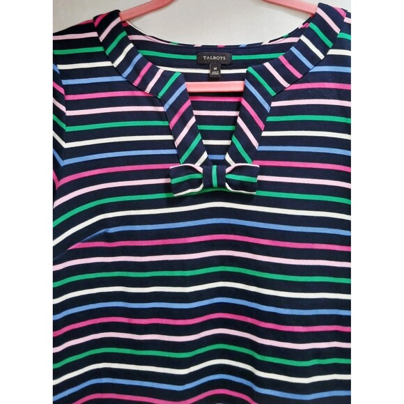 Talbots Striped Bow Shift Dress 100% Cotton S/S Navy Blue Pink Yellow Medium EUC - Picture 2 of 6